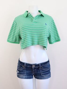Ralph Lauren Mint Green and White Striped Cropped Polo